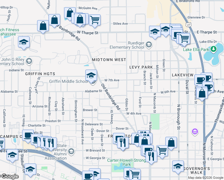 map of restaurants, bars, coffee shops, grocery stores, and more near 741 Westcott Street in Tallahassee