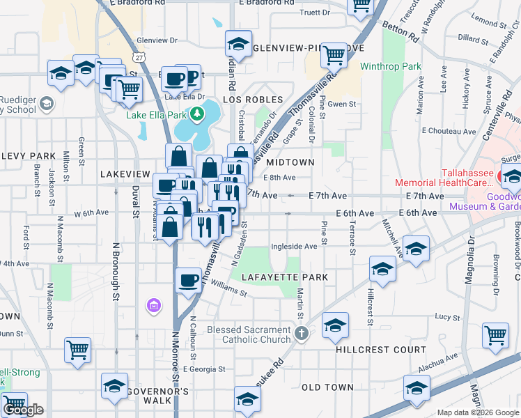 map of restaurants, bars, coffee shops, grocery stores, and more near 407 East 6th Avenue in Tallahassee