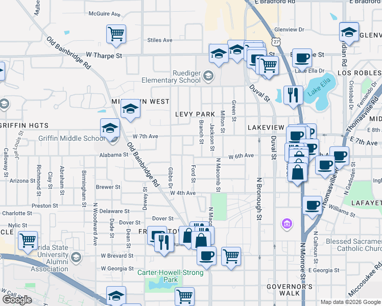 map of restaurants, bars, coffee shops, grocery stores, and more near 523 West 6th Avenue in Tallahassee