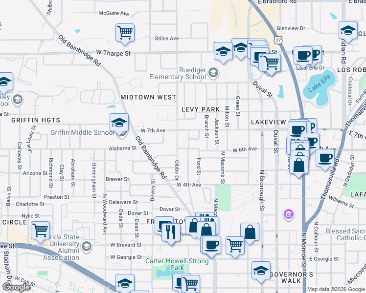 map of restaurants, bars, coffee shops, grocery stores, and more near 1230 Central Street in Tallahassee