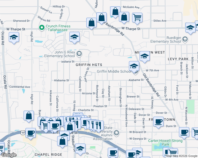 map of restaurants, bars, coffee shops, grocery stores, and more near 1138 Richmond Street in Tallahassee