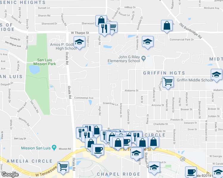 map of restaurants, bars, coffee shops, grocery stores, and more near 1108 Greentree Court in Tallahassee