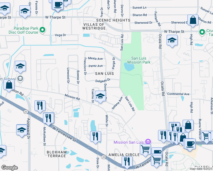 map of restaurants, bars, coffee shops, grocery stores, and more near 1112 Domingo Drive in Tallahassee