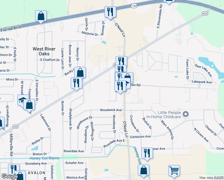 map of restaurants, bars, coffee shops, grocery stores, and more near 1026 Sedona Pines Drive in Baton Rouge