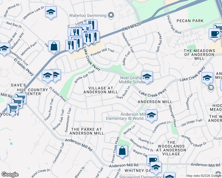 map of restaurants, bars, coffee shops, grocery stores, and more near 12013 Grey Fawn Path in Austin