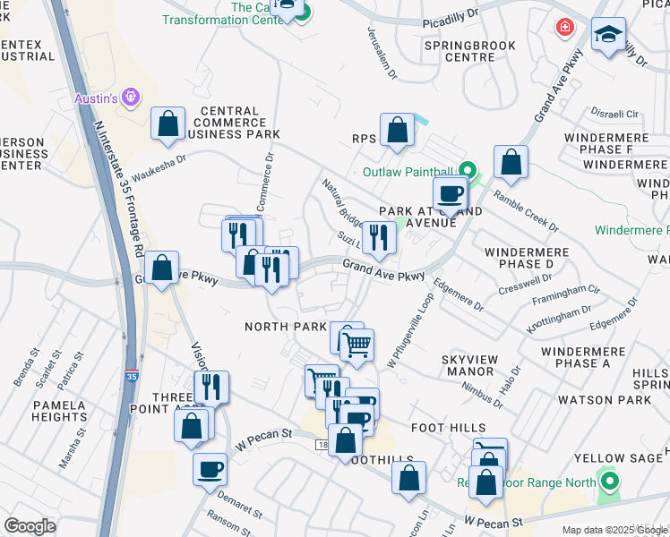 map of restaurants, bars, coffee shops, grocery stores, and more near 1501 Grand Avenue Parkway in Pflugerville