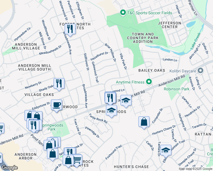 map of restaurants, bars, coffee shops, grocery stores, and more near 8830 Cainwood Lane in Austin
