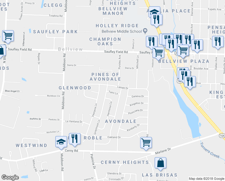 map of restaurants, bars, coffee shops, grocery stores, and more near 4780 Tami Lane in Pensacola