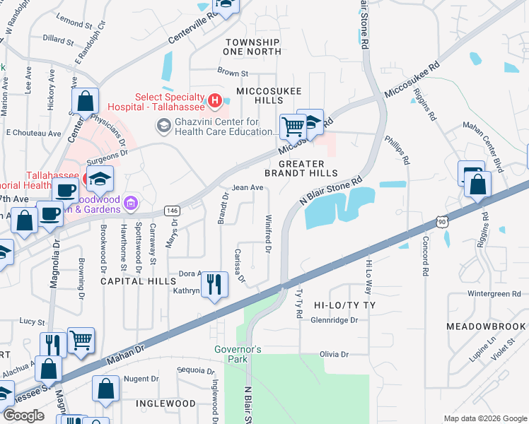 map of restaurants, bars, coffee shops, grocery stores, and more near 1228 Winifred Drive in Tallahassee