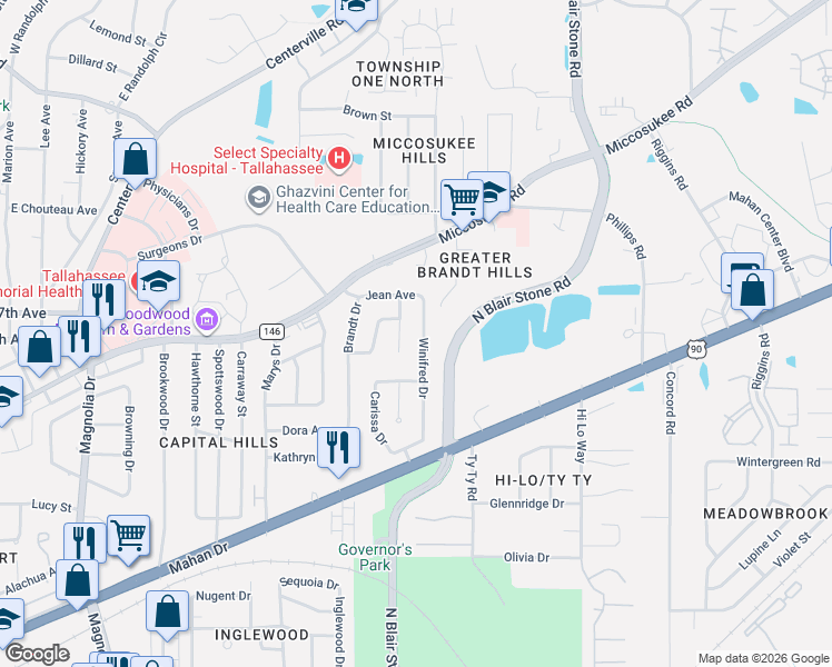 map of restaurants, bars, coffee shops, grocery stores, and more near 1228 Winifred Drive in Tallahassee