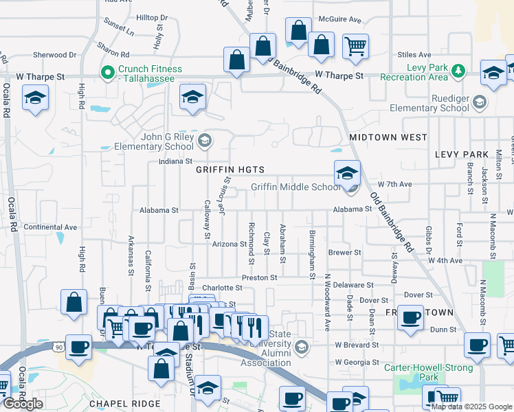 map of restaurants, bars, coffee shops, grocery stores, and more near 1138 Richmond Street in Tallahassee