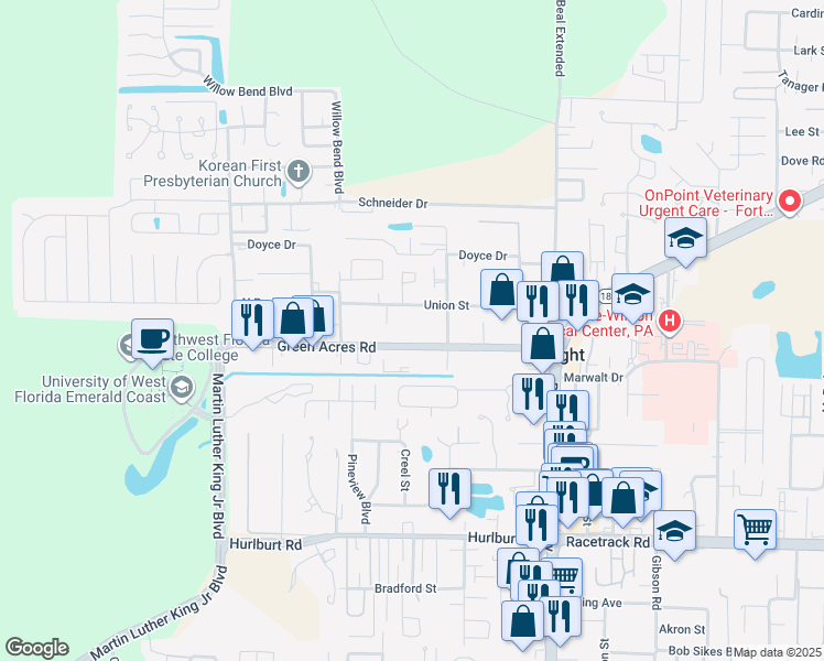 map of restaurants, bars, coffee shops, grocery stores, and more near 320 Green Acres Road in Fort Walton Beach