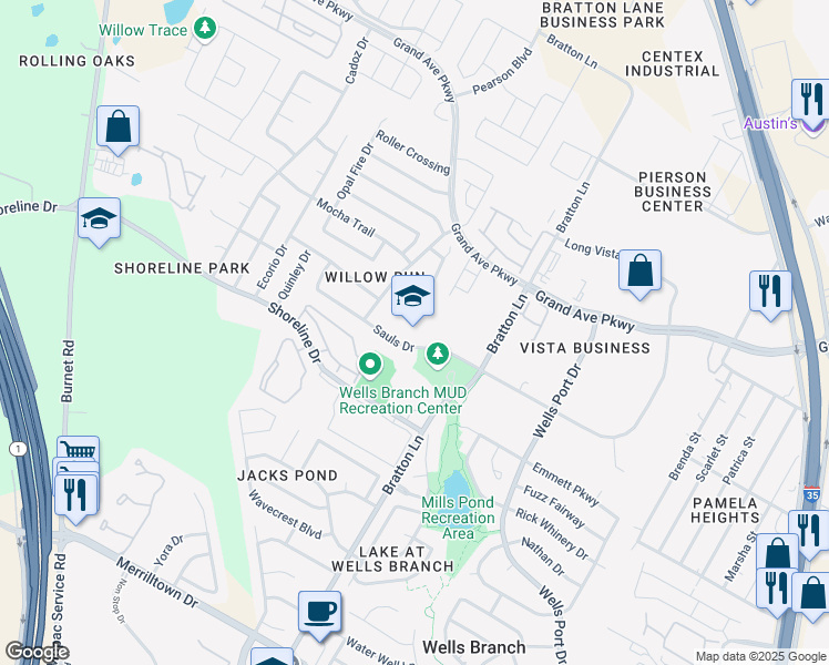 map of restaurants, bars, coffee shops, grocery stores, and more near 2800 Sauls Drive in Austin