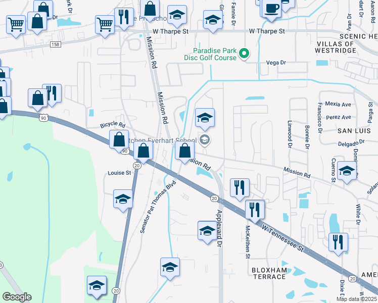 map of restaurants, bars, coffee shops, grocery stores, and more near 2750 West Mission Road in Tallahassee