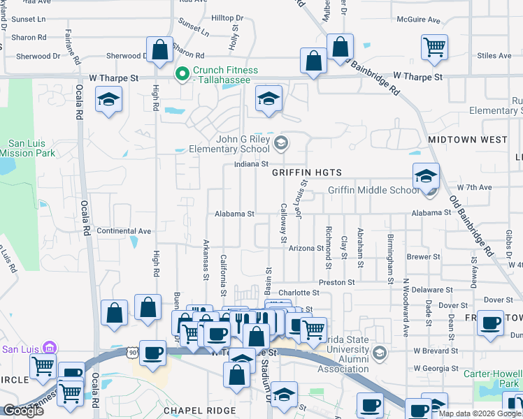 map of restaurants, bars, coffee shops, grocery stores, and more near 1426 Alabama Street in Tallahassee
