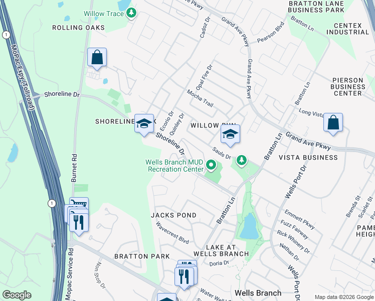 map of restaurants, bars, coffee shops, grocery stores, and more near 3400 Shoreline Drive in Austin