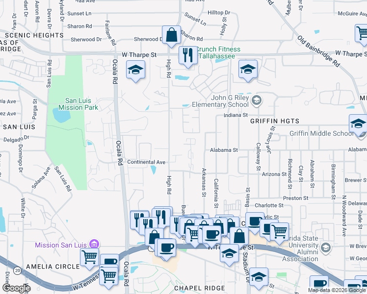 map of restaurants, bars, coffee shops, grocery stores, and more near 119 Greentree Court in Tallahassee