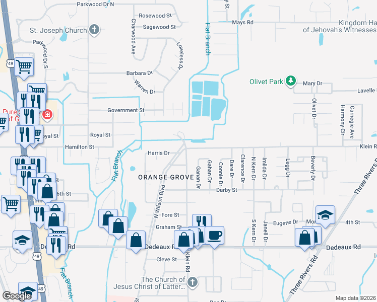 map of restaurants, bars, coffee shops, grocery stores, and more near 11496 Klein Road in Gulfport