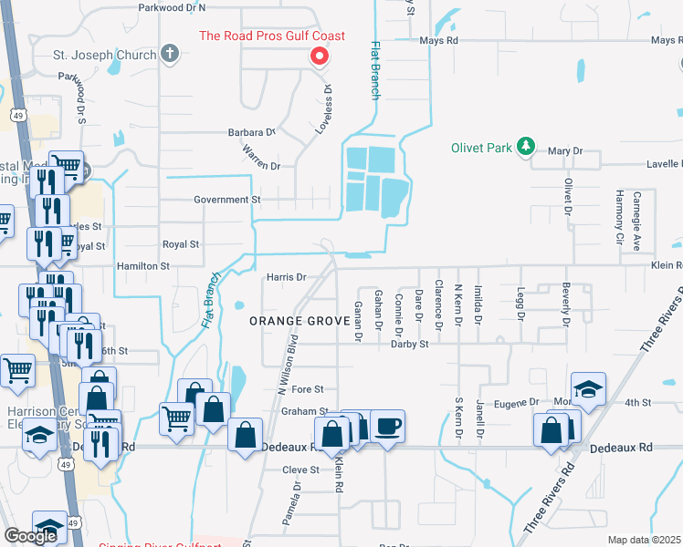 map of restaurants, bars, coffee shops, grocery stores, and more near 11520 Klein Road in Gulfport
