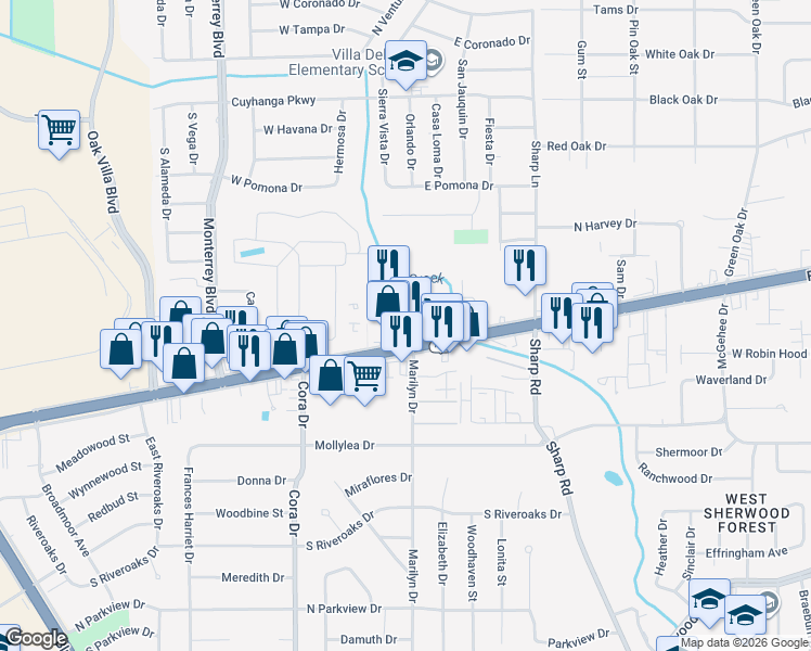 map of restaurants, bars, coffee shops, grocery stores, and more near 10 Marilyn Drive in Baton Rouge