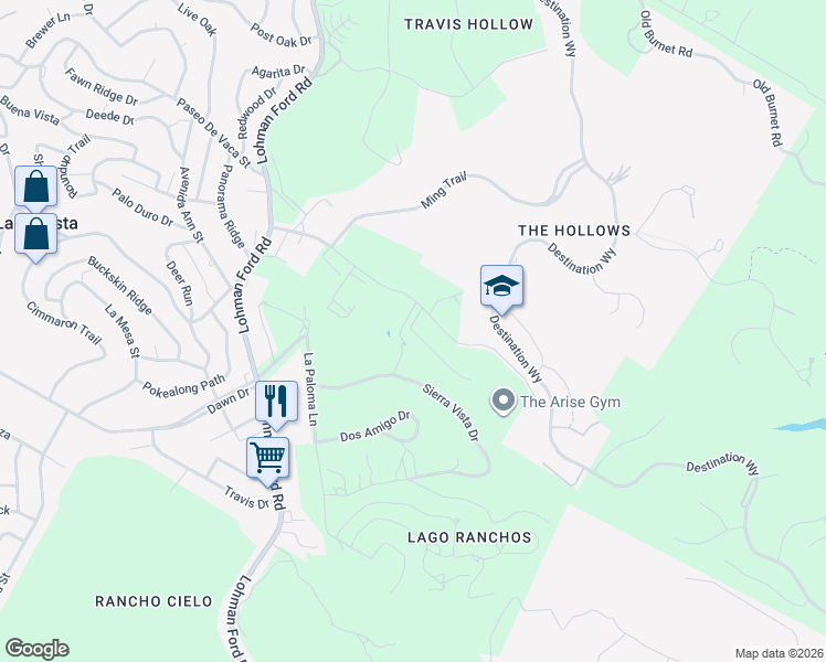 map of restaurants, bars, coffee shops, grocery stores, and more near 6519 Sierra Vista Drive in Lago Vista