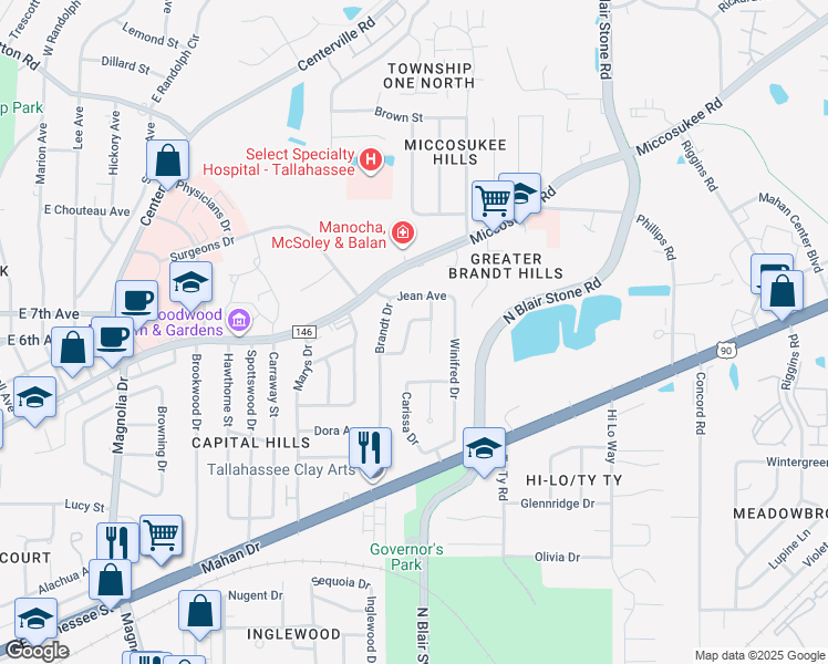 map of restaurants, bars, coffee shops, grocery stores, and more near 1217 Halifax Court in Tallahassee