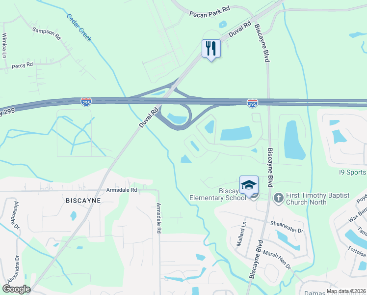 map of restaurants, bars, coffee shops, grocery stores, and more near 1825 Biscayne Bay Circle in Jacksonville