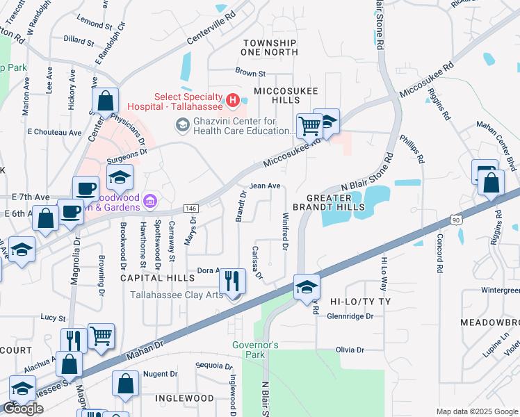 map of restaurants, bars, coffee shops, grocery stores, and more near 1217 Halifax Court in Tallahassee