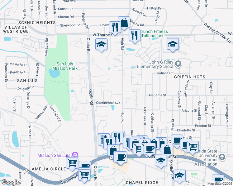 map of restaurants, bars, coffee shops, grocery stores, and more near 1196 High Road in Tallahassee