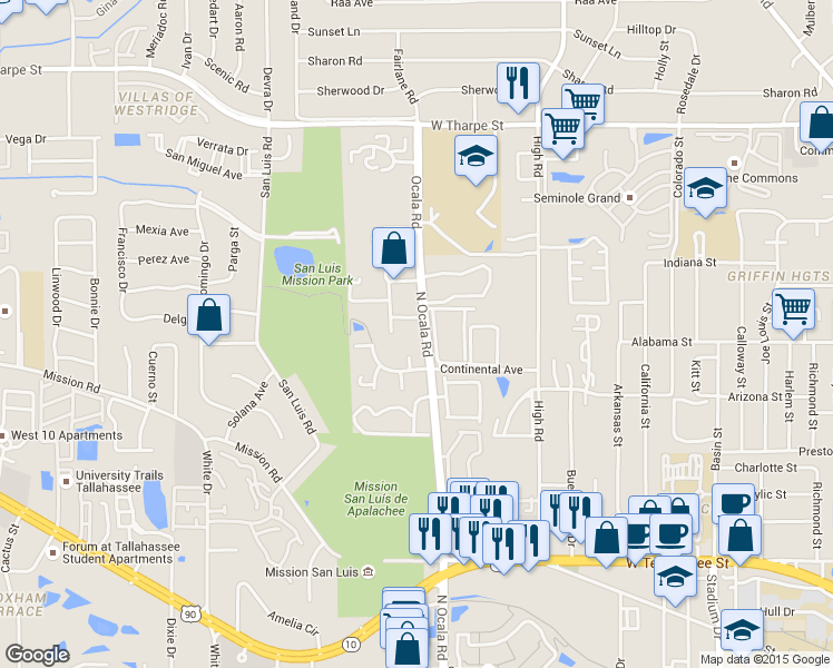map of restaurants, bars, coffee shops, grocery stores, and more near 1254 Ocala Road in Tallahassee