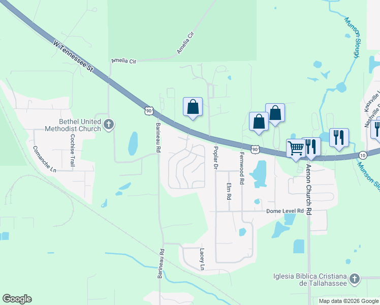map of restaurants, bars, coffee shops, grocery stores, and more near Manatee Cove Drive in Tallahassee
