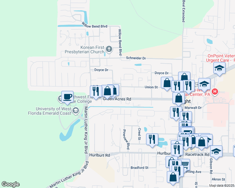 map of restaurants, bars, coffee shops, grocery stores, and more near 413 Green Acres Road in Fort Walton Beach