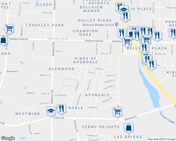 map of restaurants, bars, coffee shops, grocery stores, and more near 4779 Tami Lane in Pensacola