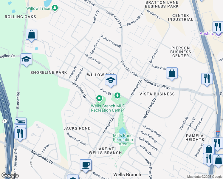 map of restaurants, bars, coffee shops, grocery stores, and more near 2909 Sauls Drive in Austin