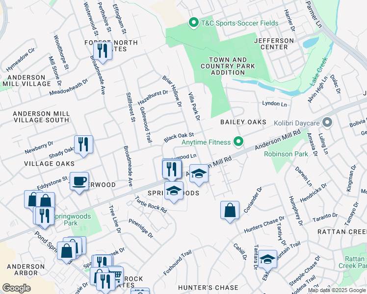 map of restaurants, bars, coffee shops, grocery stores, and more near 8704 Cainwood Lane in Austin
