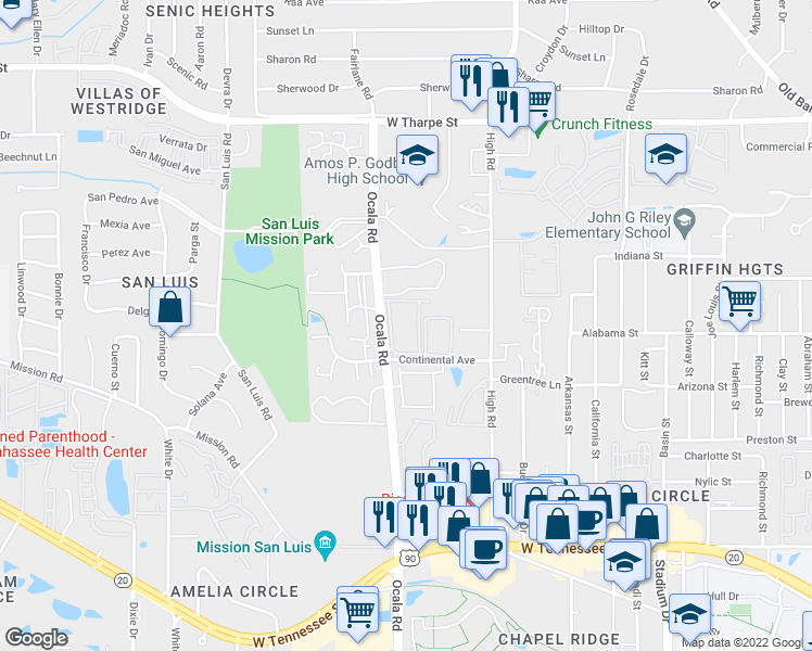 map of restaurants, bars, coffee shops, grocery stores, and more near 2020 Continental Avenue in Tallahassee