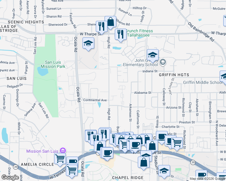 map of restaurants, bars, coffee shops, grocery stores, and more near 1111 High Road in Tallahassee