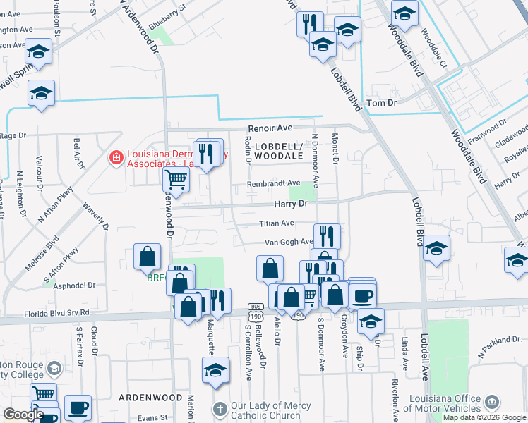map of restaurants, bars, coffee shops, grocery stores, and more near 6750 Harry Drive in Baton Rouge