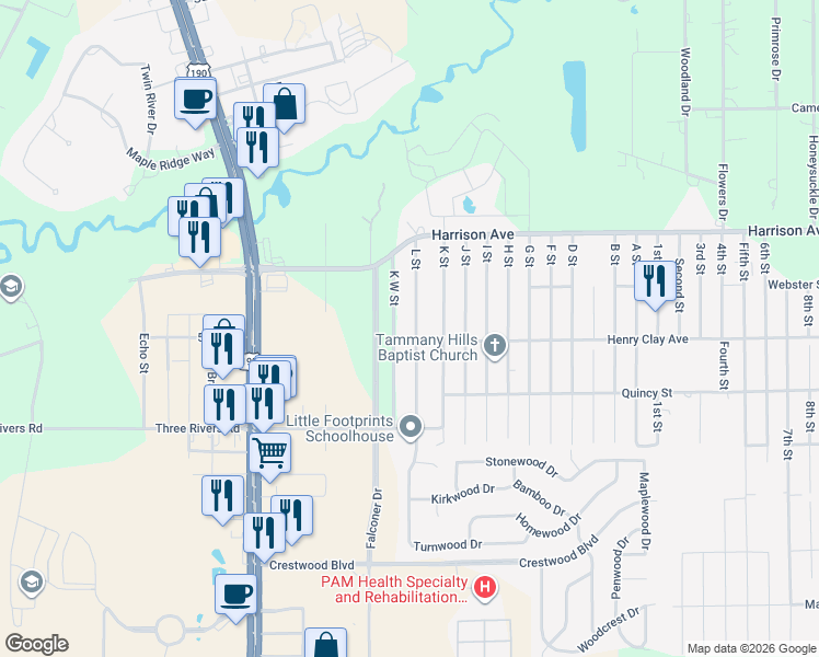 map of restaurants, bars, coffee shops, grocery stores, and more near 70380 K West Street in Covington