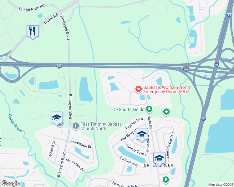 map of restaurants, bars, coffee shops, grocery stores, and more near 925 Plumbridge Court in Jacksonville