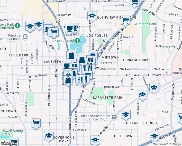 map of restaurants, bars, coffee shops, grocery stores, and more near 1309 Thomasville Road in Tallahassee