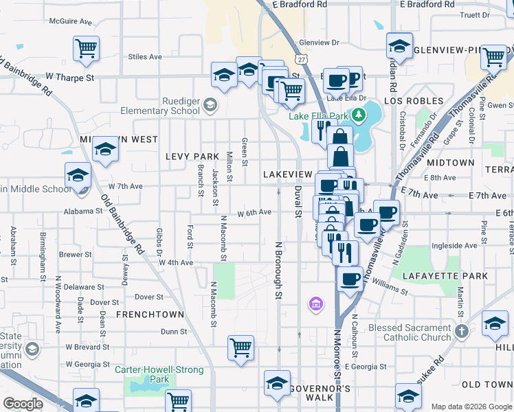 map of restaurants, bars, coffee shops, grocery stores, and more near 1306 North Martin Luther King Junior Boulevard in Tallahassee