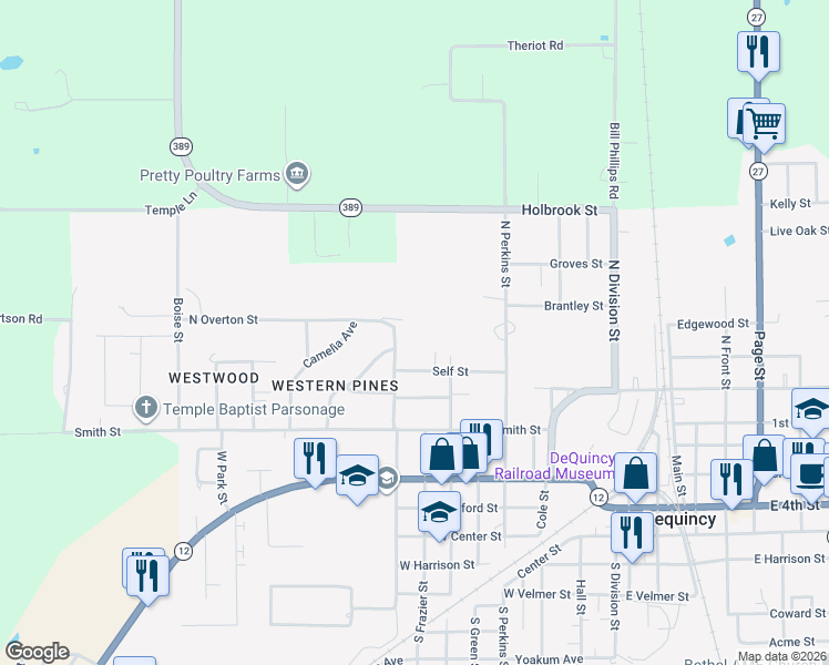 map of restaurants, bars, coffee shops, grocery stores, and more near 600 North Overton Street in DeQuincy