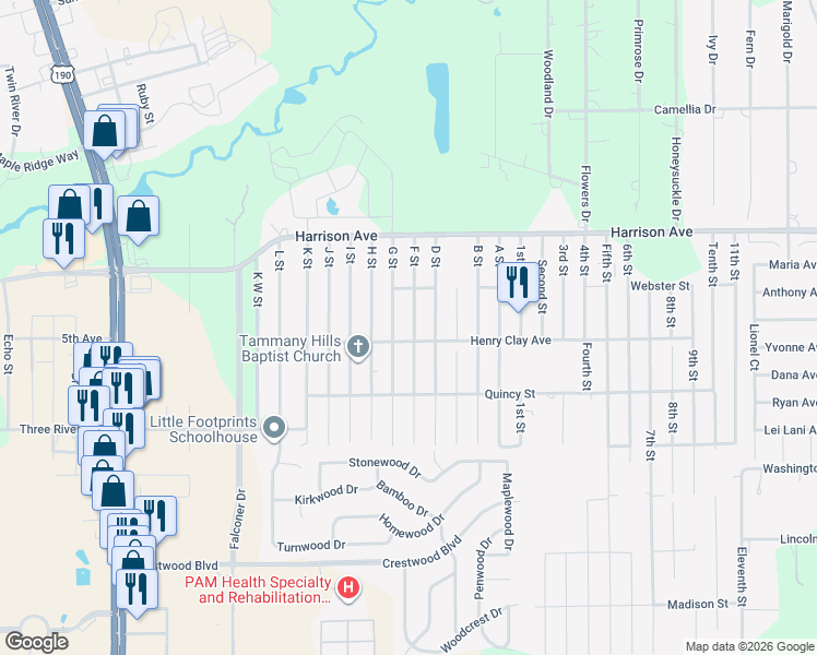 map of restaurants, bars, coffee shops, grocery stores, and more near 70380 F Street in Covington