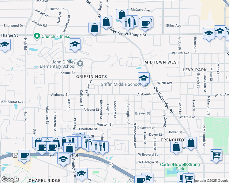 map of restaurants, bars, coffee shops, grocery stores, and more near 1215 Clay Street in Tallahassee