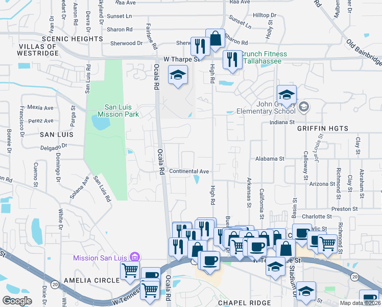 map of restaurants, bars, coffee shops, grocery stores, and more near 1196 High Road in Tallahassee