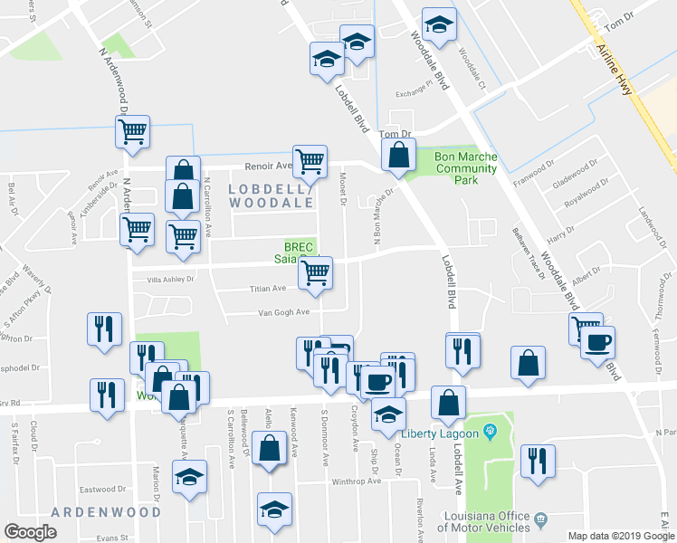 map of restaurants, bars, coffee shops, grocery stores, and more near 747 Monet Drive in Baton Rouge