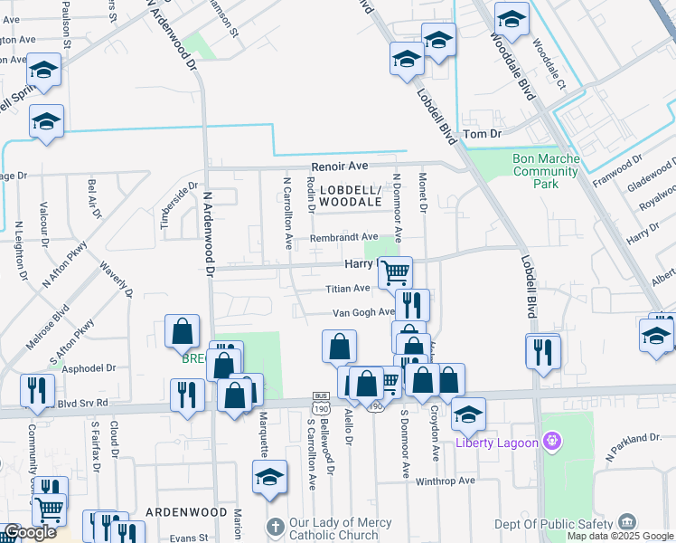 map of restaurants, bars, coffee shops, grocery stores, and more near 6752 Titian Avenue in Baton Rouge