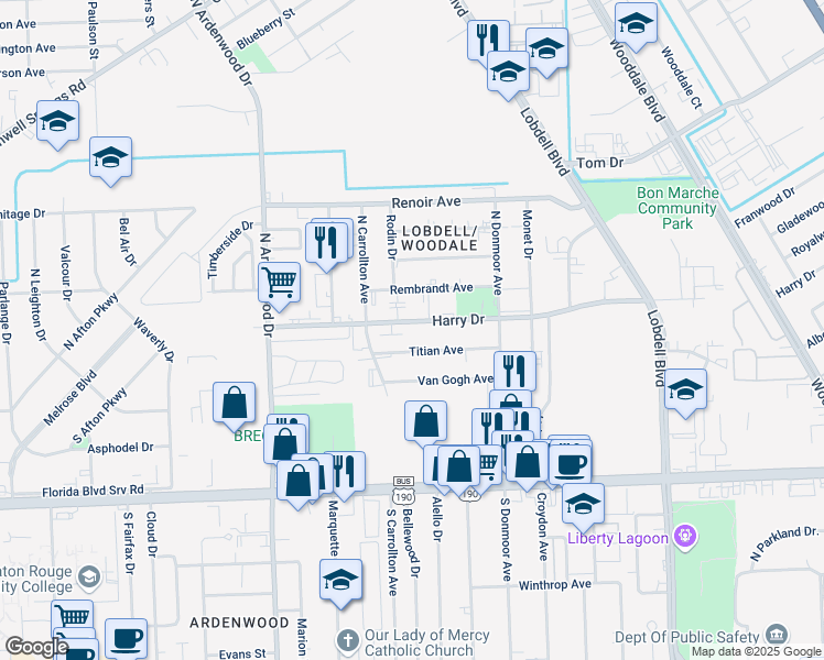 map of restaurants, bars, coffee shops, grocery stores, and more near 6752 Titian Avenue in Baton Rouge
