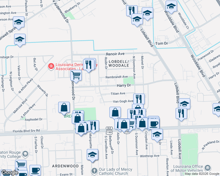 map of restaurants, bars, coffee shops, grocery stores, and more near 6752 Titian Avenue in Baton Rouge